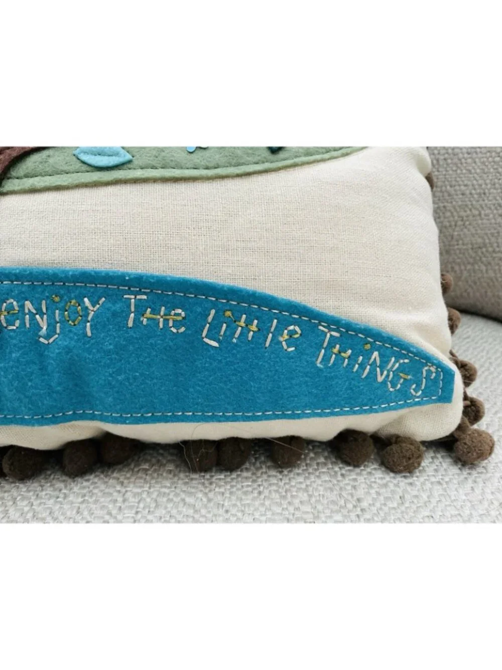 Whimsical Bird Tree Applique Throw Pillow Life Is Good 12x10 Pom Trim - Picture 5 of 6